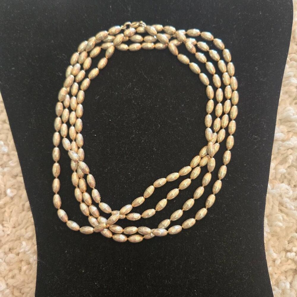 Long Gold Tone Metal Bead Necklace Vintage Wrap Etched